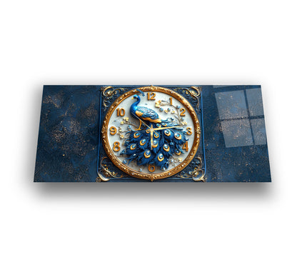 Mavi Tavus Kuşu Cam Duvar Saati