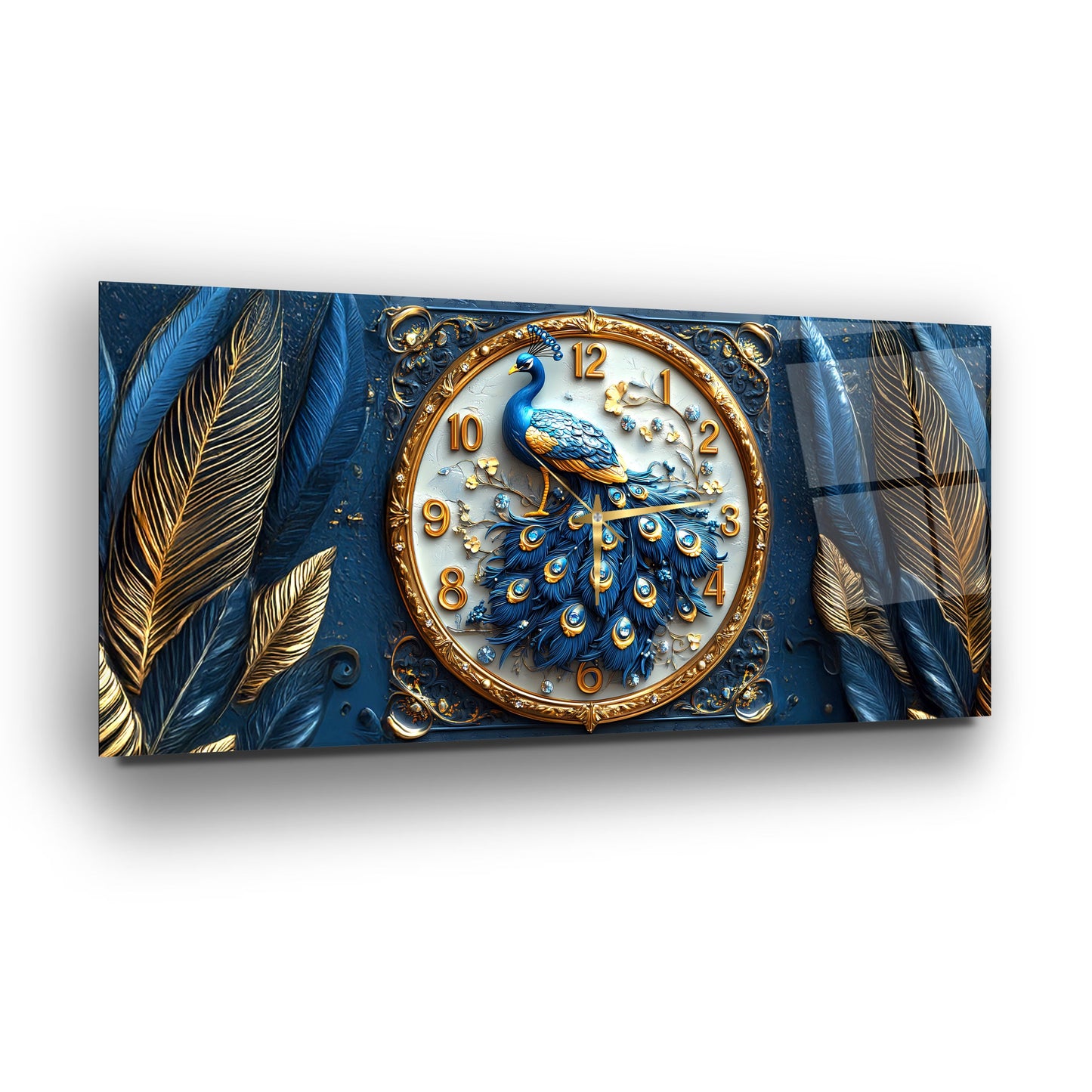 Mavi Tavus Kuşu Cam Duvar Saati