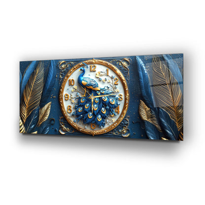 Mavi Tavus Kuşu Cam Duvar Saati