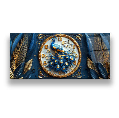 Mavi Tavus Kuşu Cam Duvar Saati