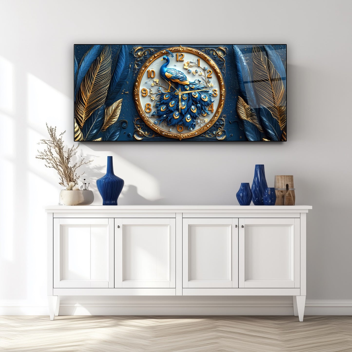 Mavi Tavus Kuşu Cam Duvar Saati