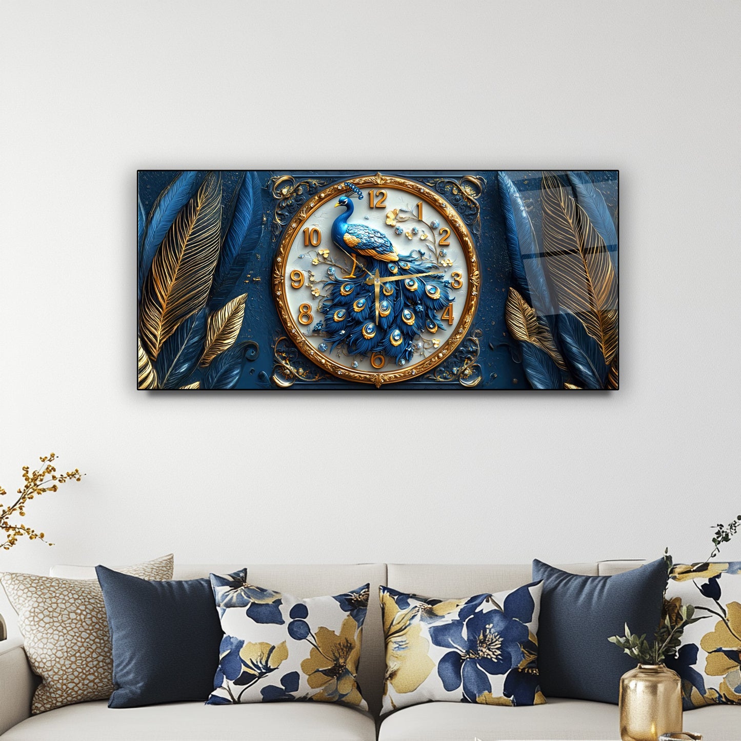 Mavi Tavus Kuşu Cam Duvar Saati