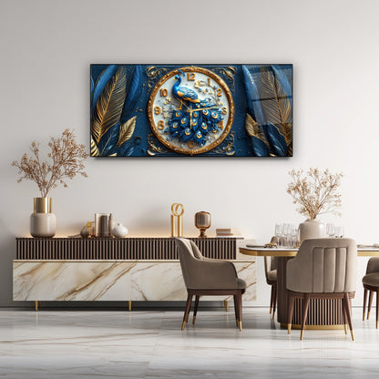 Mavi Tavus Kuşu Cam Duvar Saati