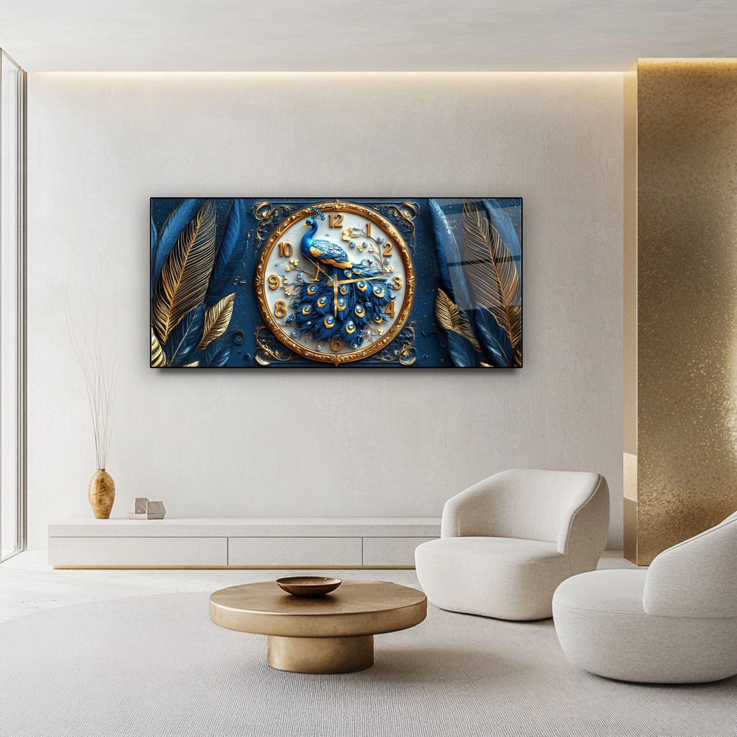 Mavi Tavus Kuşu Cam Duvar Saati
