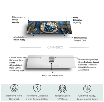 Mavi Tavus Kuşu Cam Duvar Saati