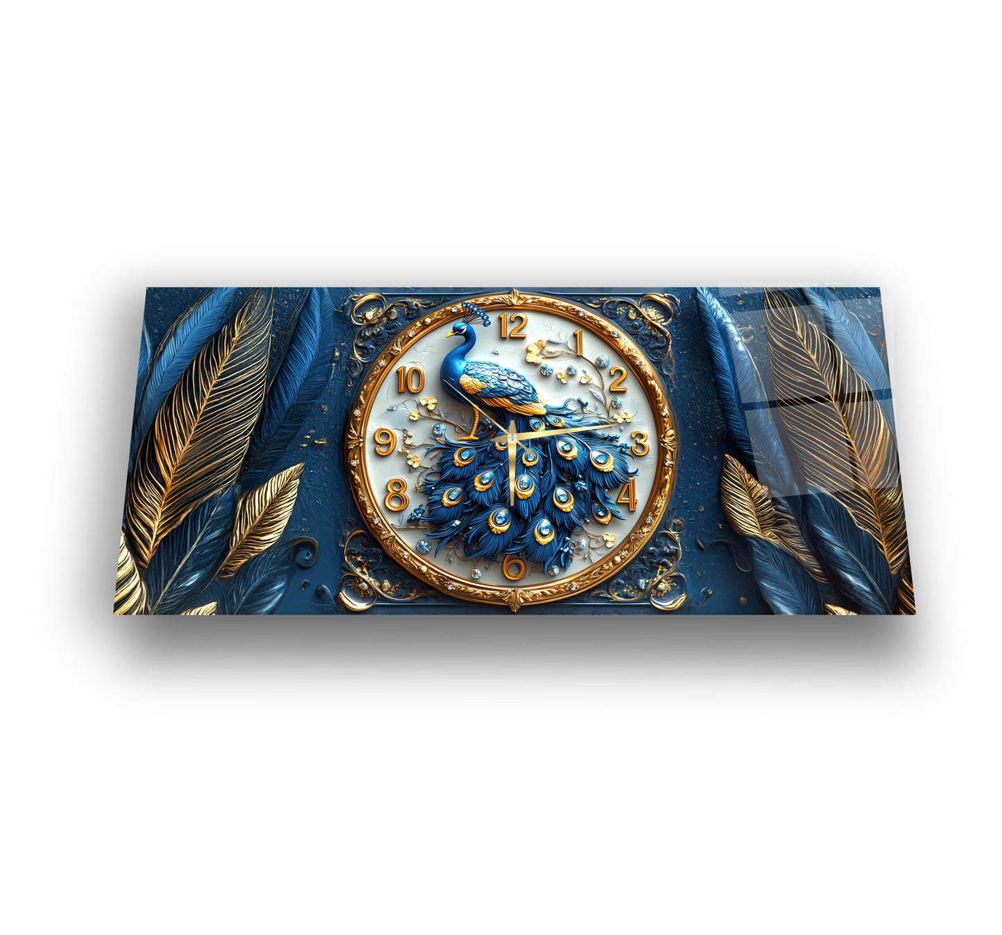 Mavi Tavus Kuşu Cam Duvar Saati
