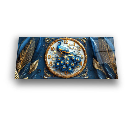 Mavi Tavus Kuşu Cam Duvar Saati