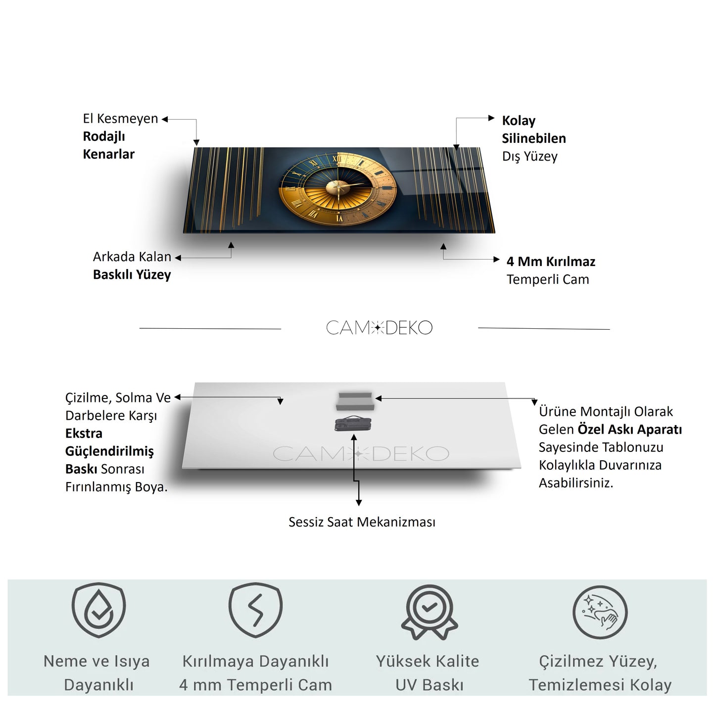 Soyut Gold Cam Duvar Saati