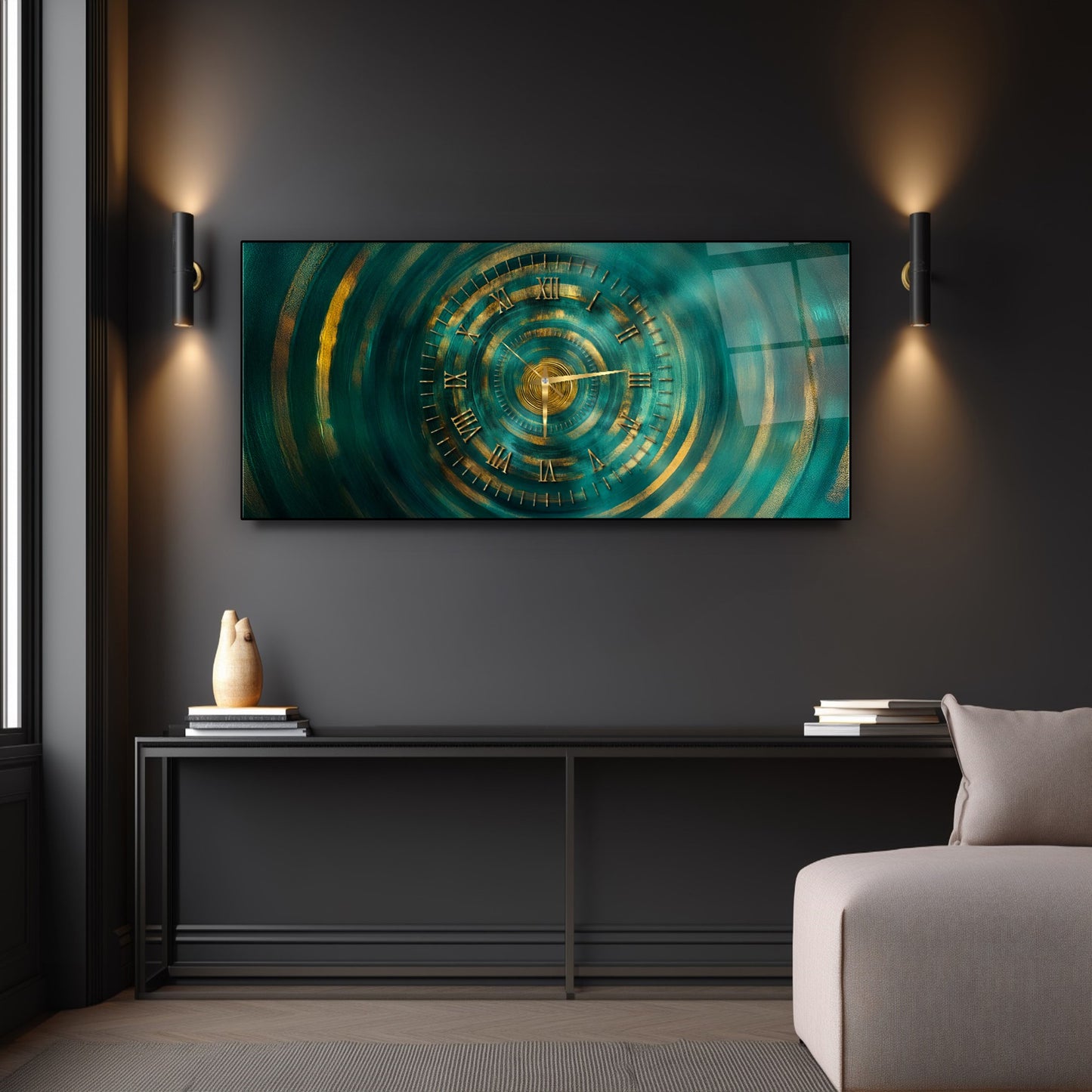 Soyut Gold Yeşil Cam Duvar Saati