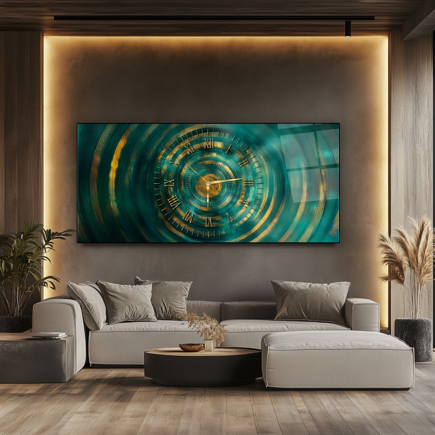 Soyut Gold Yeşil Cam Duvar Saati