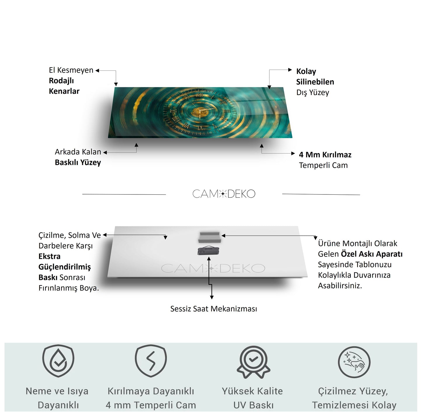 Soyut Gold Yeşil Cam Duvar Saati