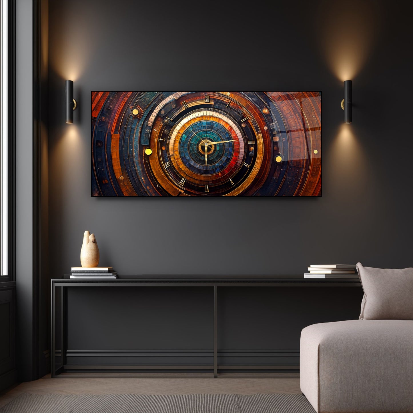 Soyut Etnik Desenler Cam Duvar Saati