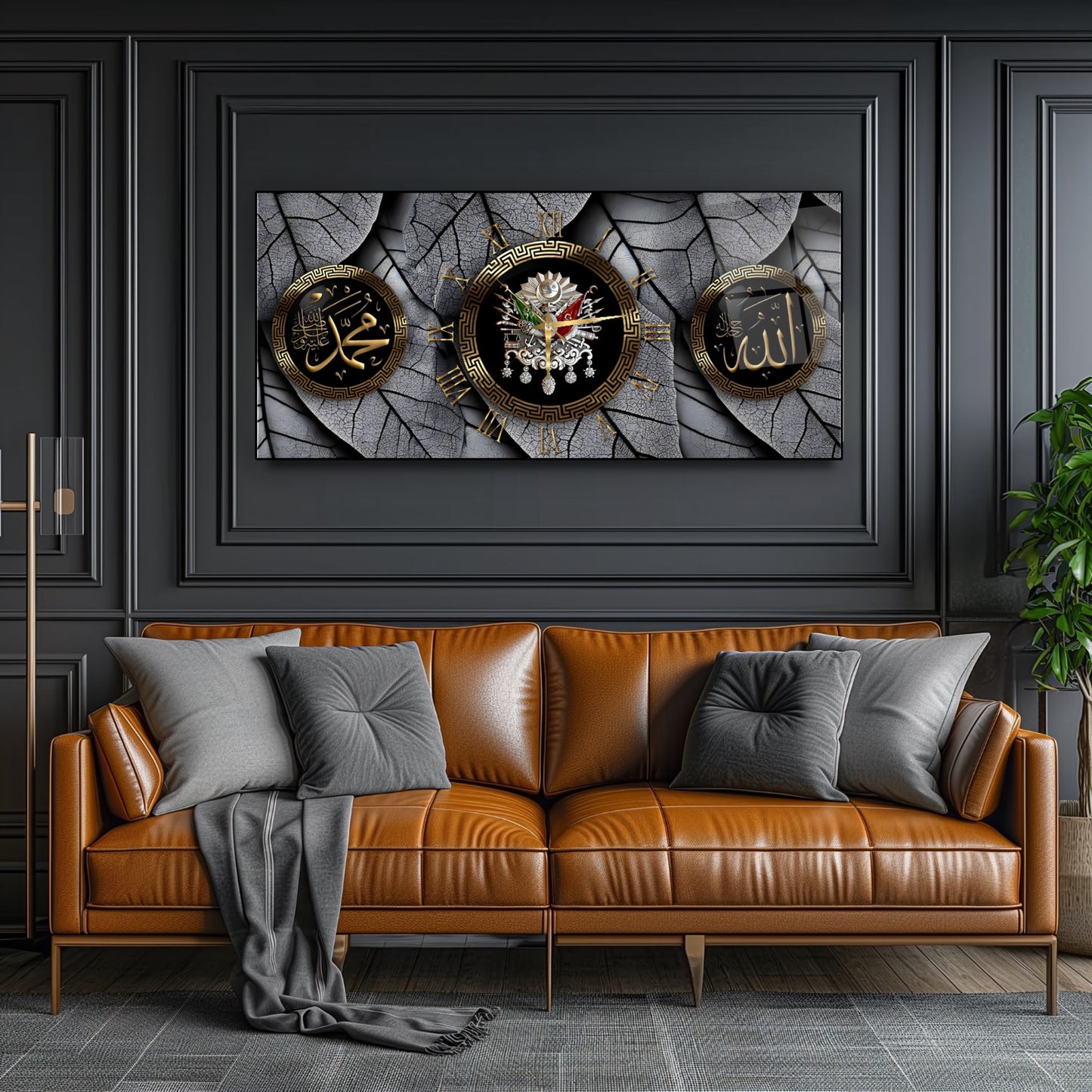 Allah ve Muhammed Yazılı Osmanlı Arması Cam Duvar Saati