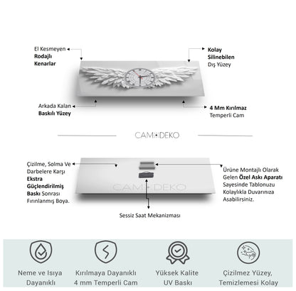 Beyaz Melek Kanatları Cam Duvar Saati