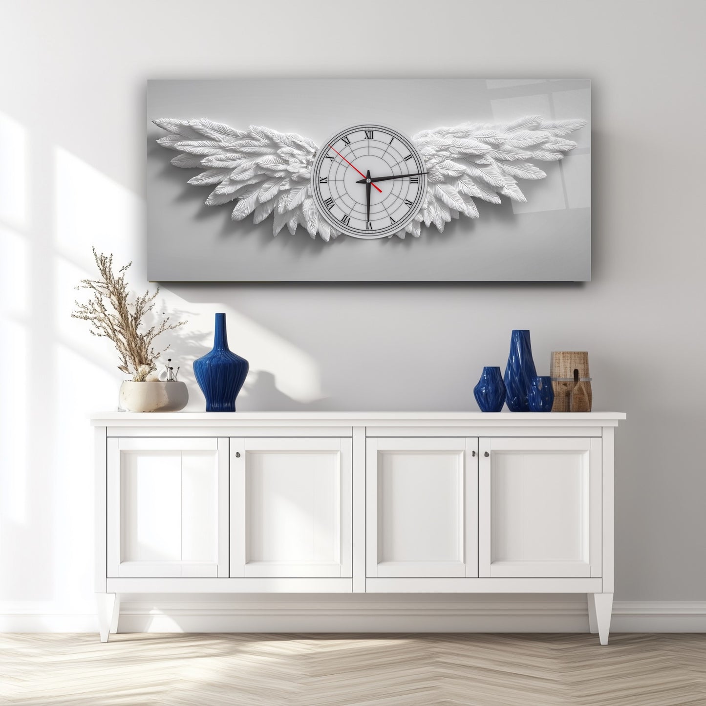 Beyaz Melek Kanatları Cam Duvar Saati