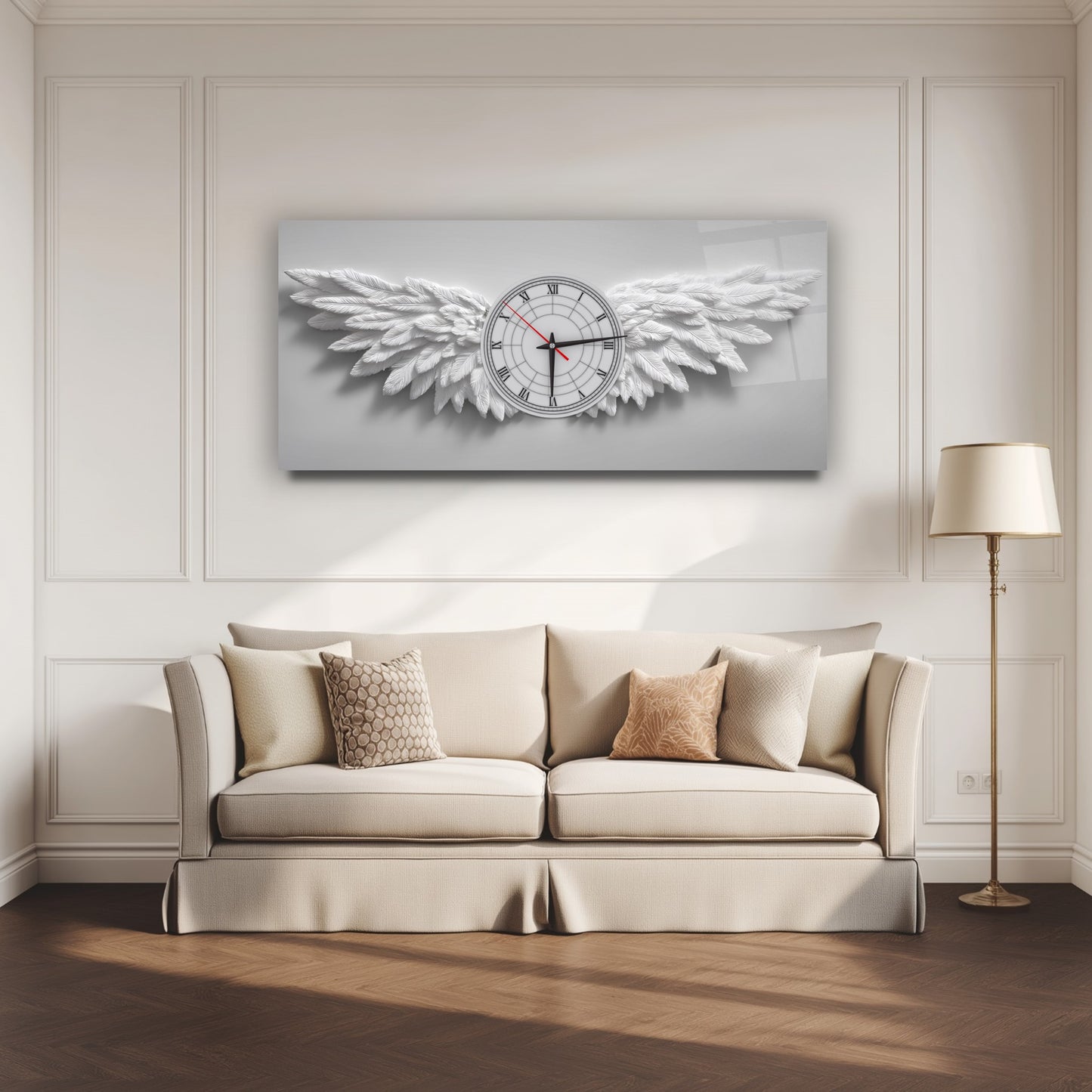 Beyaz Melek Kanatları Cam Duvar Saati