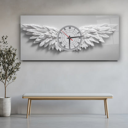 Beyaz Melek Kanatları Cam Duvar Saati