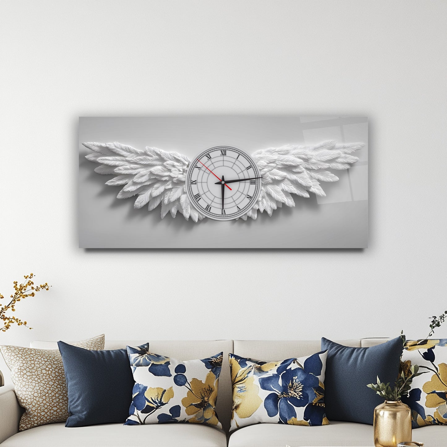 Beyaz Melek Kanatları Cam Duvar Saati