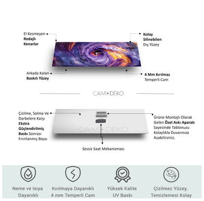 Soyut Mor Girdap Cam Duvar Saati