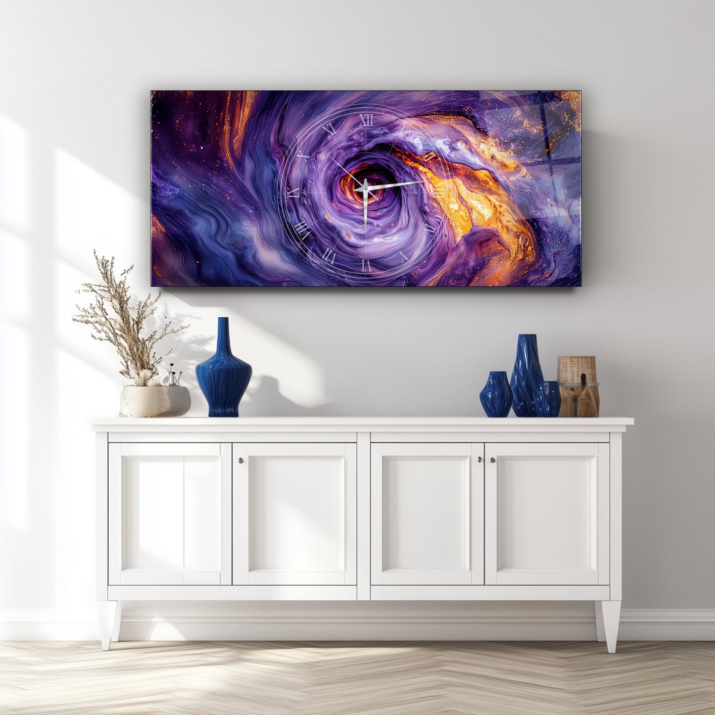 Soyut Mor Girdap Cam Duvar Saati