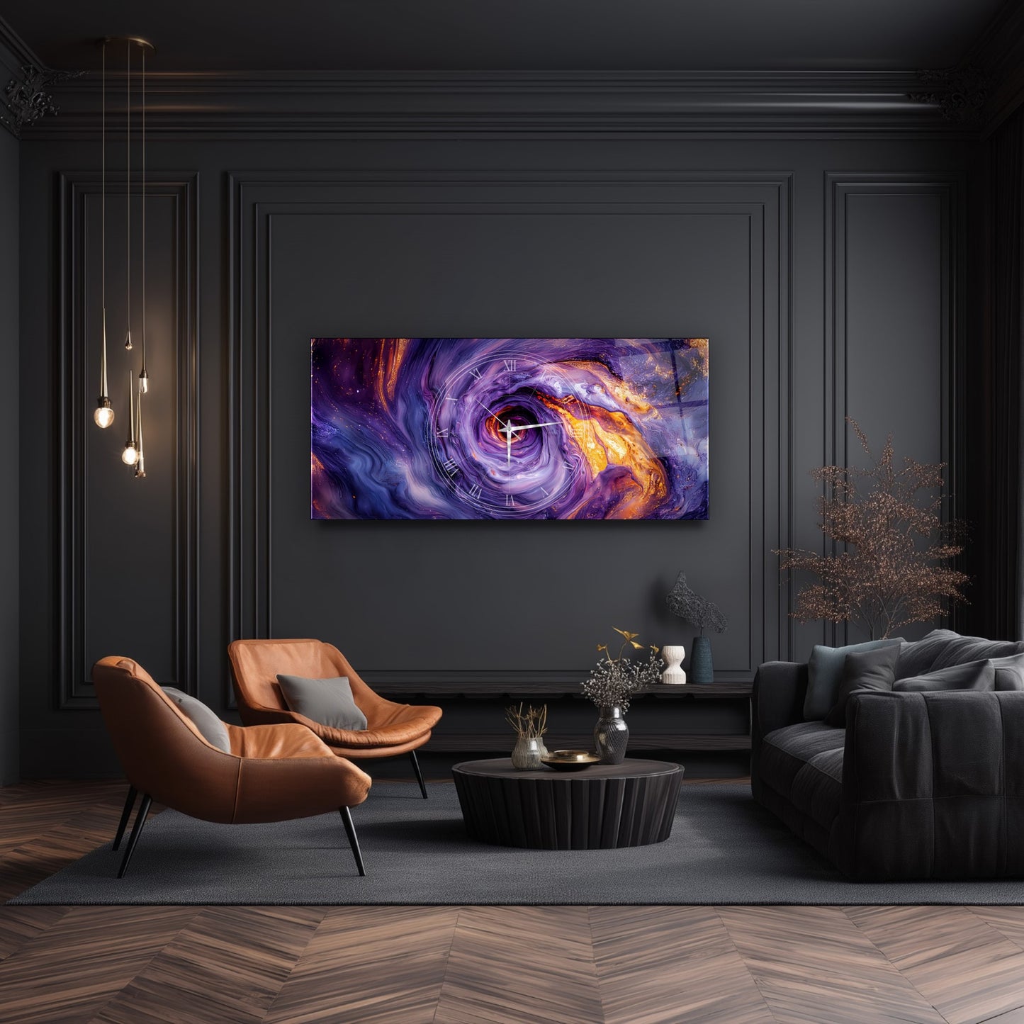 Soyut Mor Girdap Cam Duvar Saati