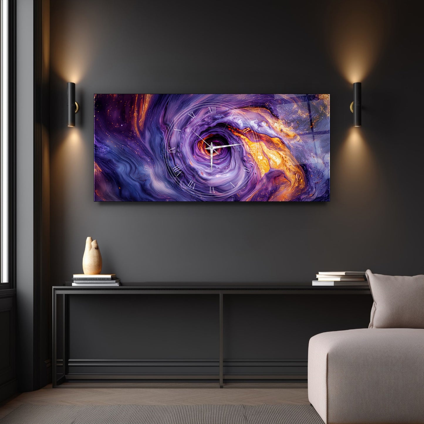 Soyut Mor Girdap Cam Duvar Saati