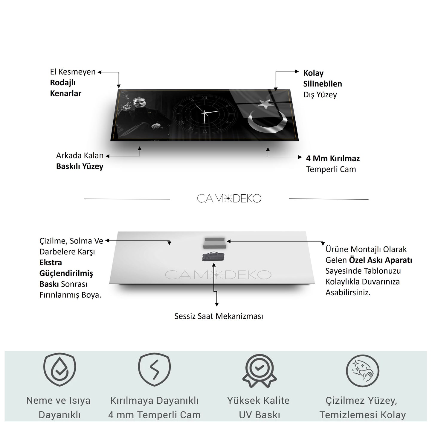 Atatürk ve Bayrak Cam Duvar Saati