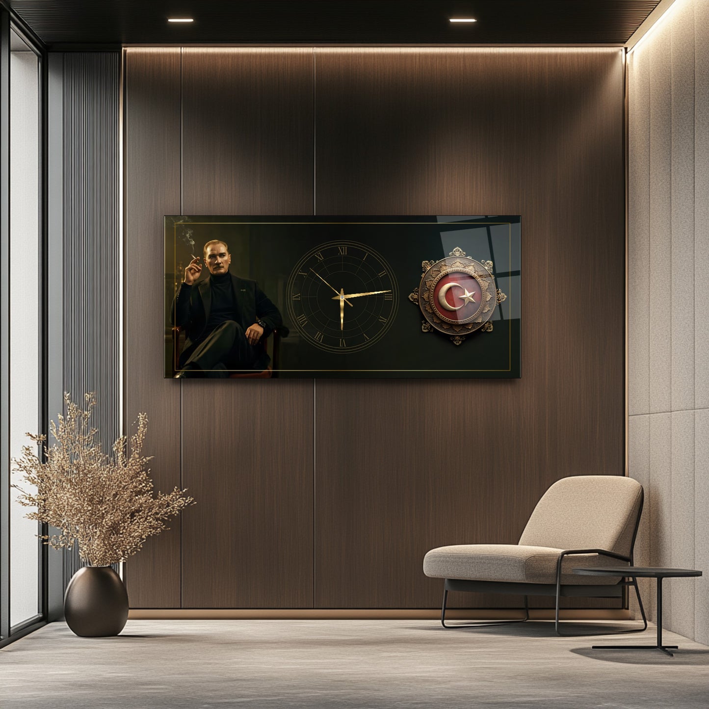 Atatürk ve Bayrak Cam Duvar Saati