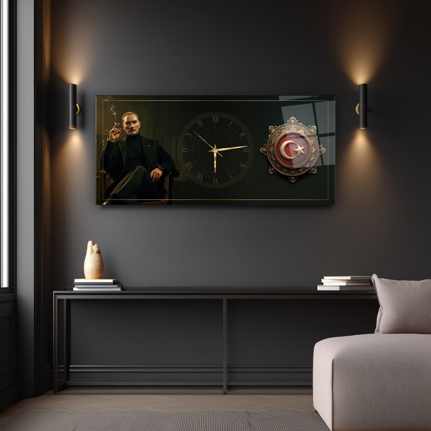 Atatürk ve Bayrak Cam Duvar Saati