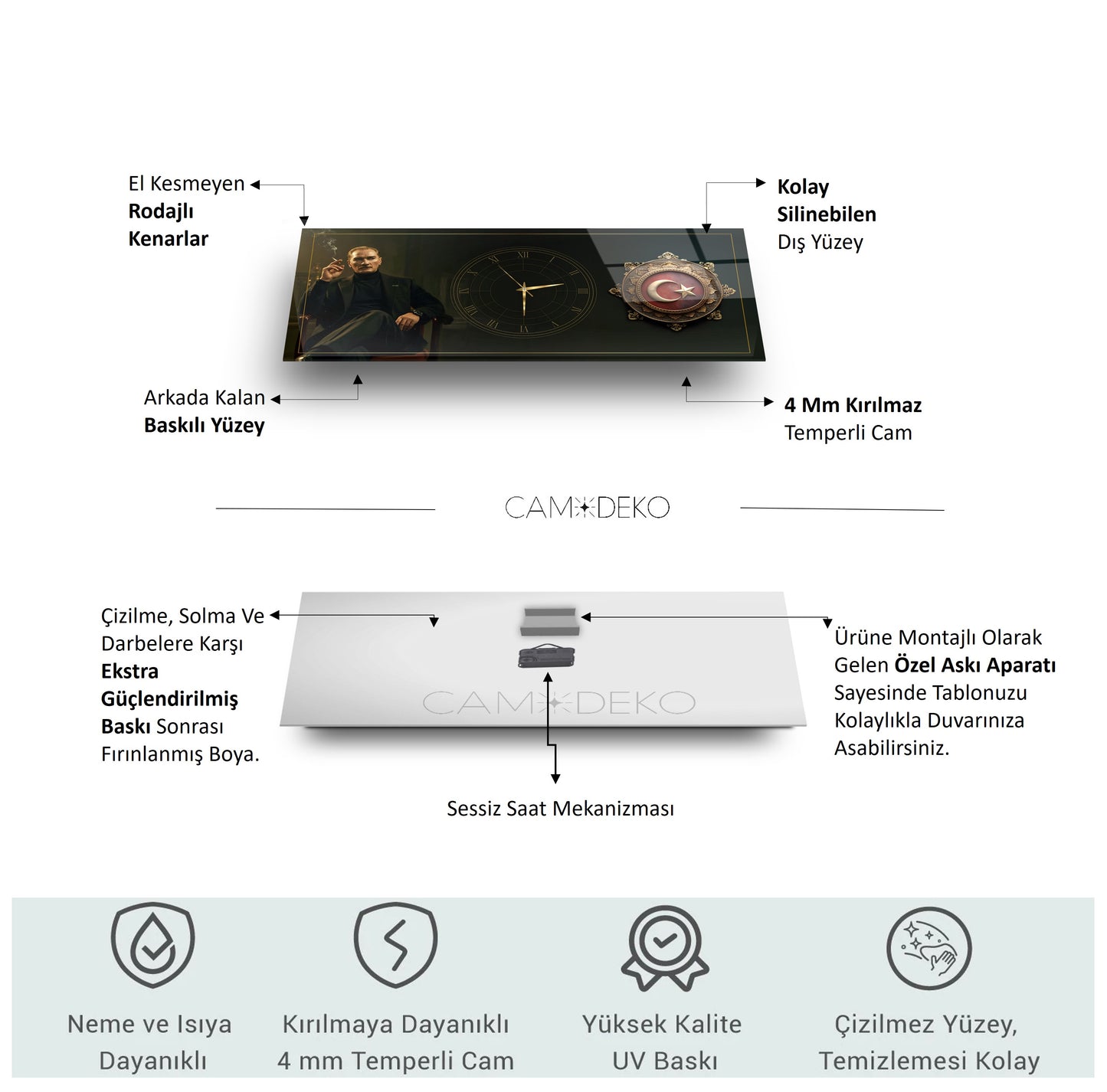 Atatürk ve Bayrak Cam Duvar Saati