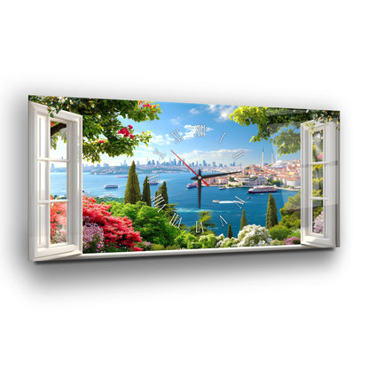 Pencereden İstanbul Manzarası Cam Duvar Saati