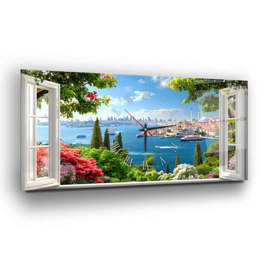 Pencereden İstanbul Manzarası Cam Duvar Saati