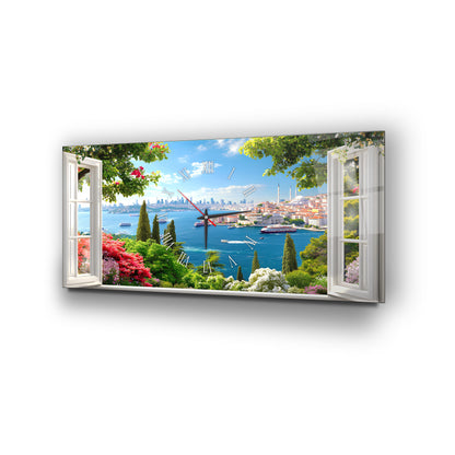 Pencereden İstanbul Manzarası Cam Duvar Saati