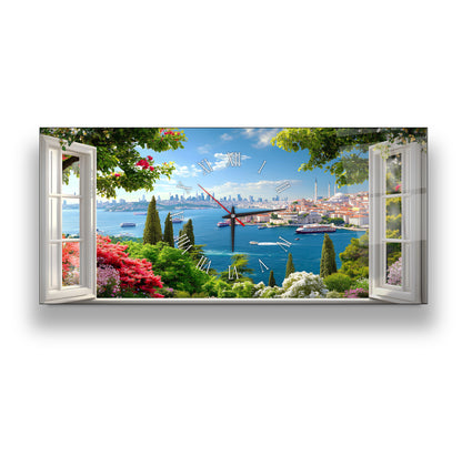 Pencereden İstanbul Manzarası Cam Duvar Saati