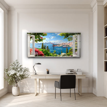 Pencereden İstanbul Manzarası Cam Duvar Saati