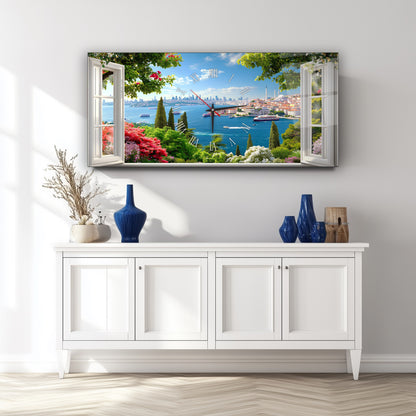 Pencereden İstanbul Manzarası Cam Duvar Saati