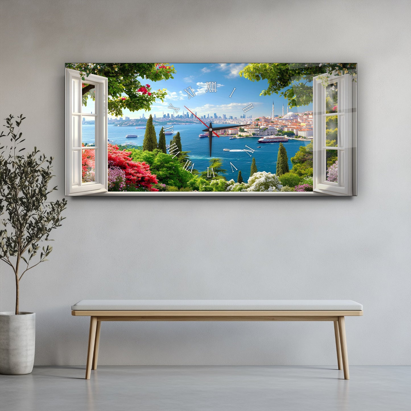 Pencereden İstanbul Manzarası Cam Duvar Saati
