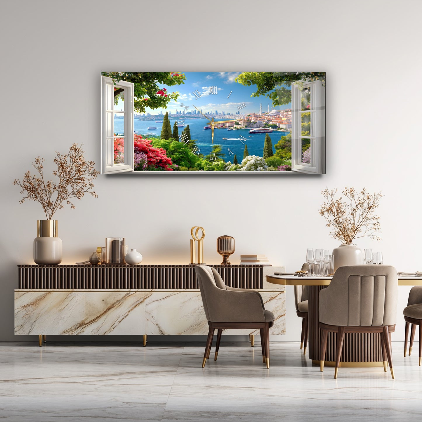 Pencereden İstanbul Manzarası Cam Duvar Saati