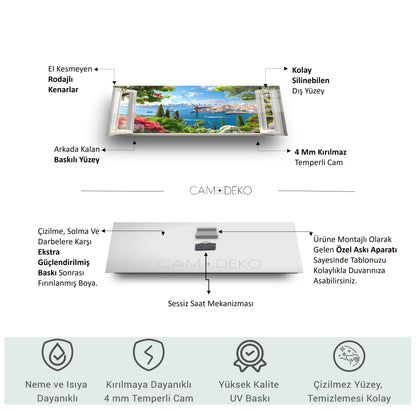 Pencereden İstanbul Manzarası Cam Duvar Saati