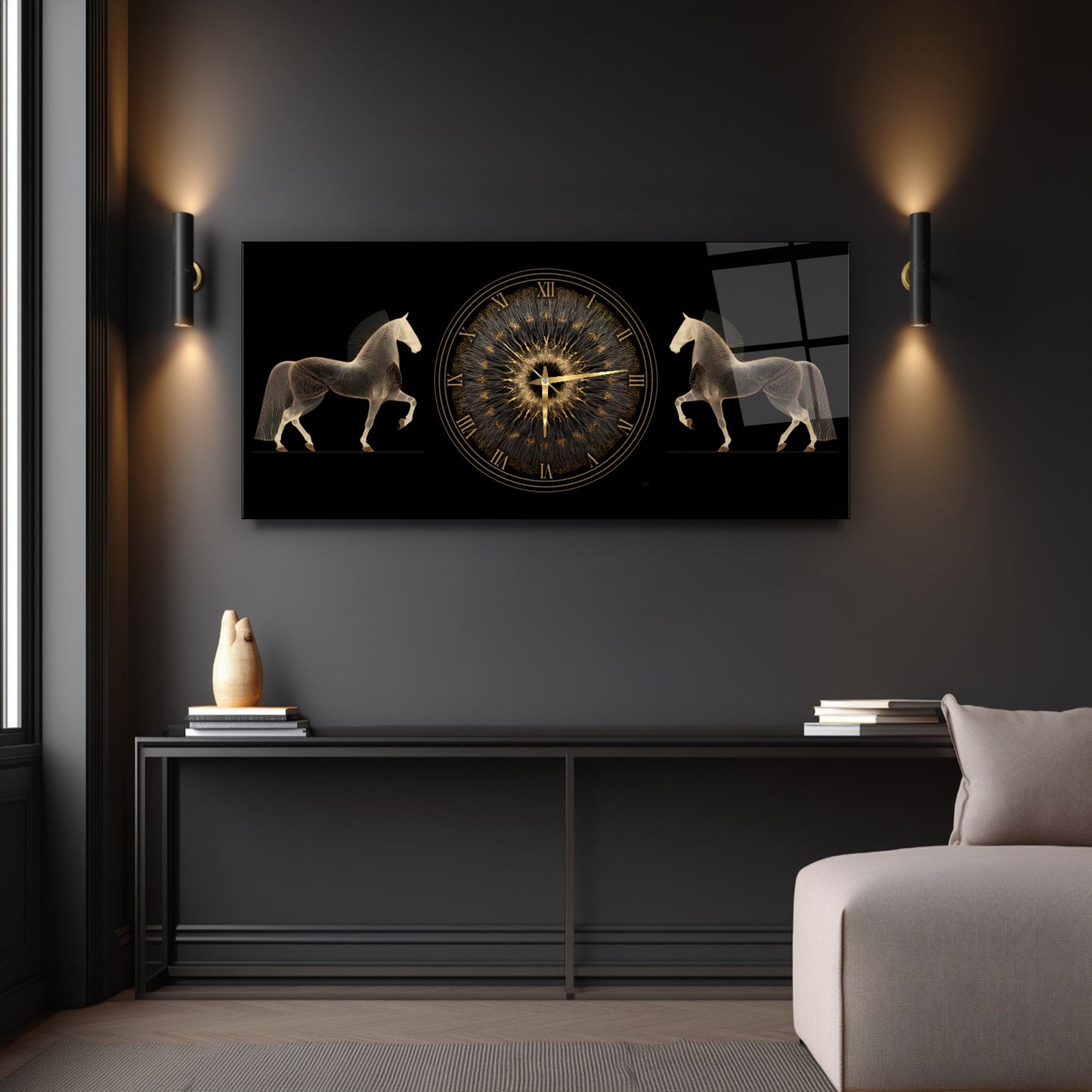 Gold Atlar Cam Duvar Saati