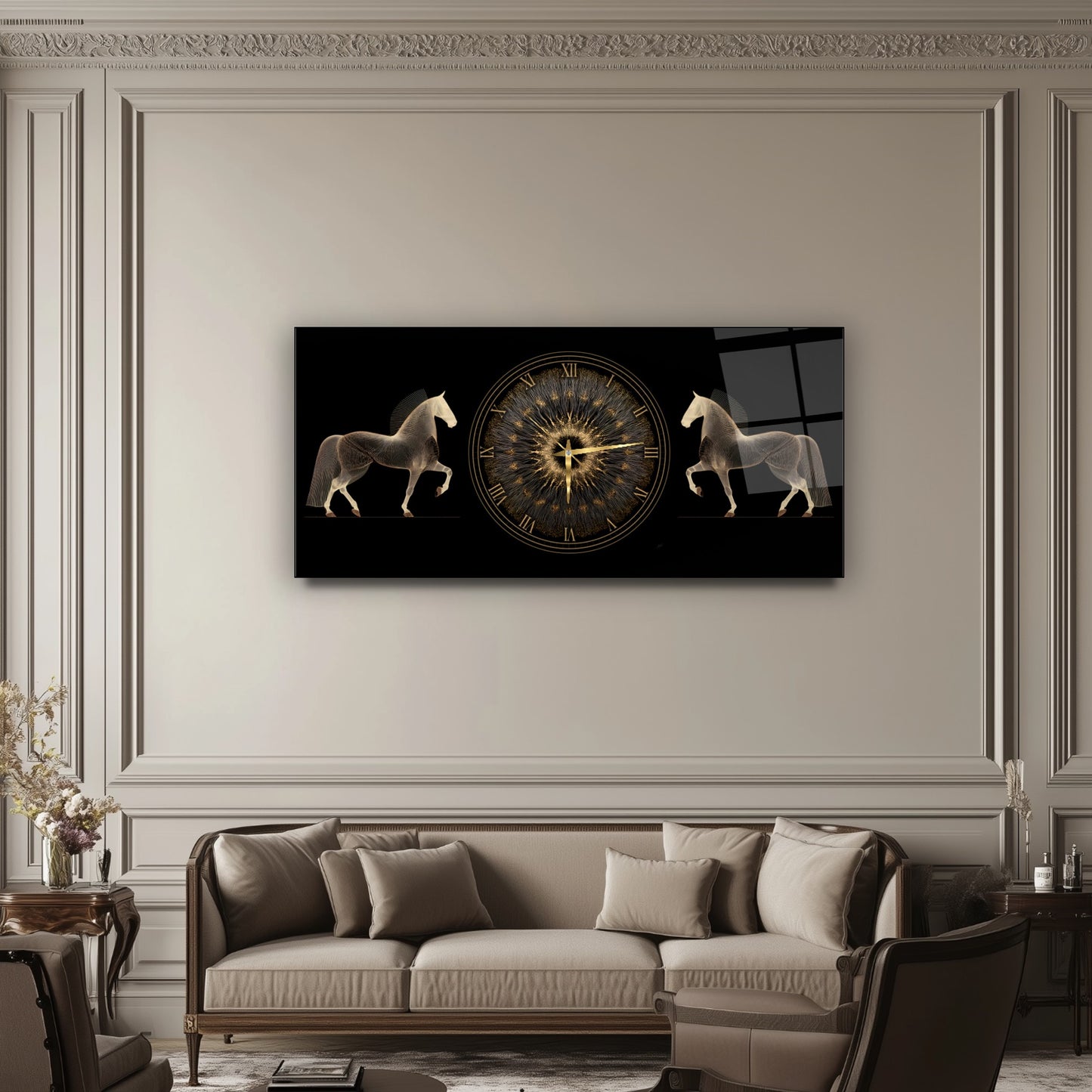 Gold Atlar Cam Duvar Saati