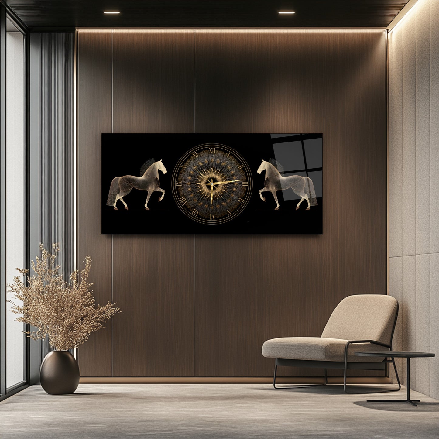 Gold Atlar Cam Duvar Saati