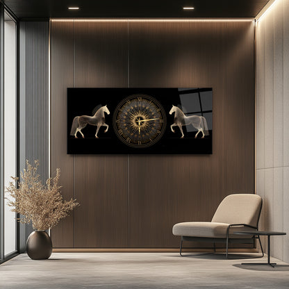 Gold Atlar Cam Duvar Saati