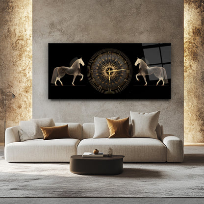 Gold Atlar Cam Duvar Saati