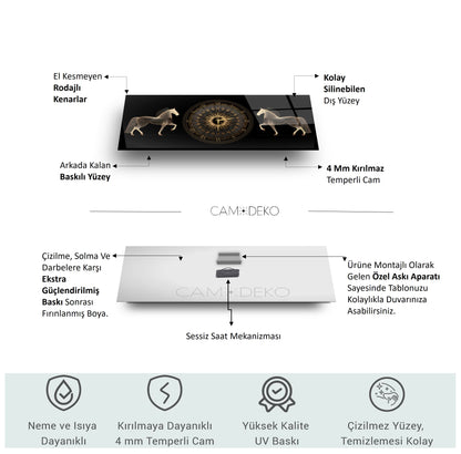 Gold Atlar Cam Duvar Saati