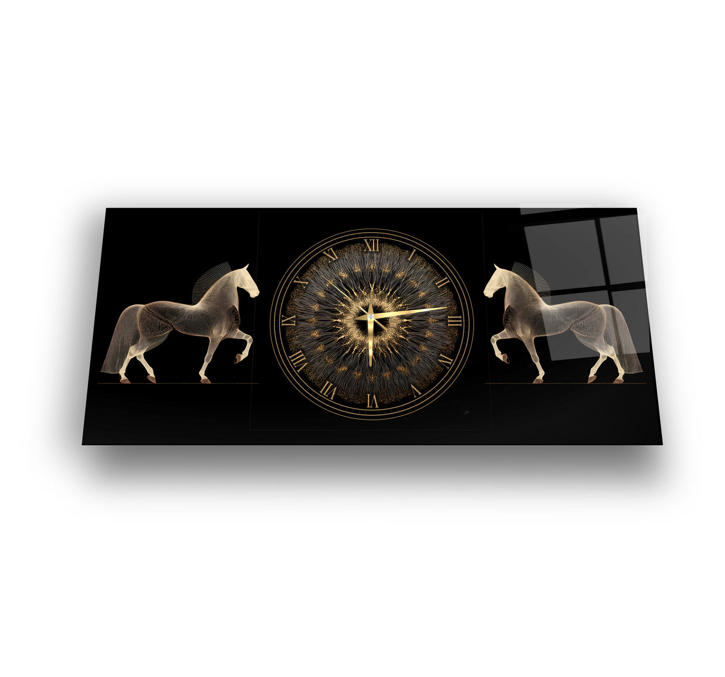 Gold Atlar Cam Duvar Saati