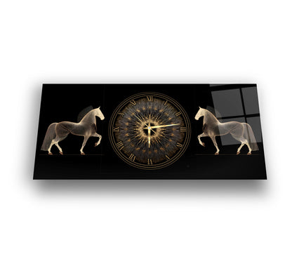 Gold Atlar Cam Duvar Saati