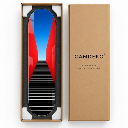 CAMDEKO koruyuculu kraft paketleme - kırmızı duvarlı merdiven desenli Skate Board cam tablo