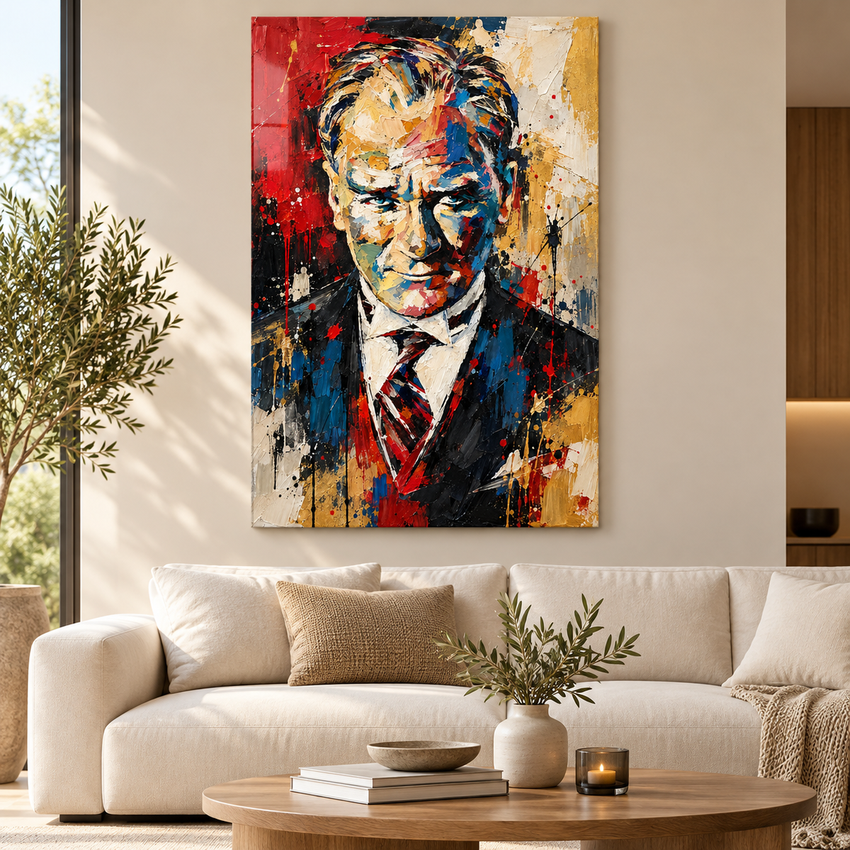 Kırmızı Lacivert Gold Soyut Erkek Portresi Dikey Cam Tablo - Premium salon