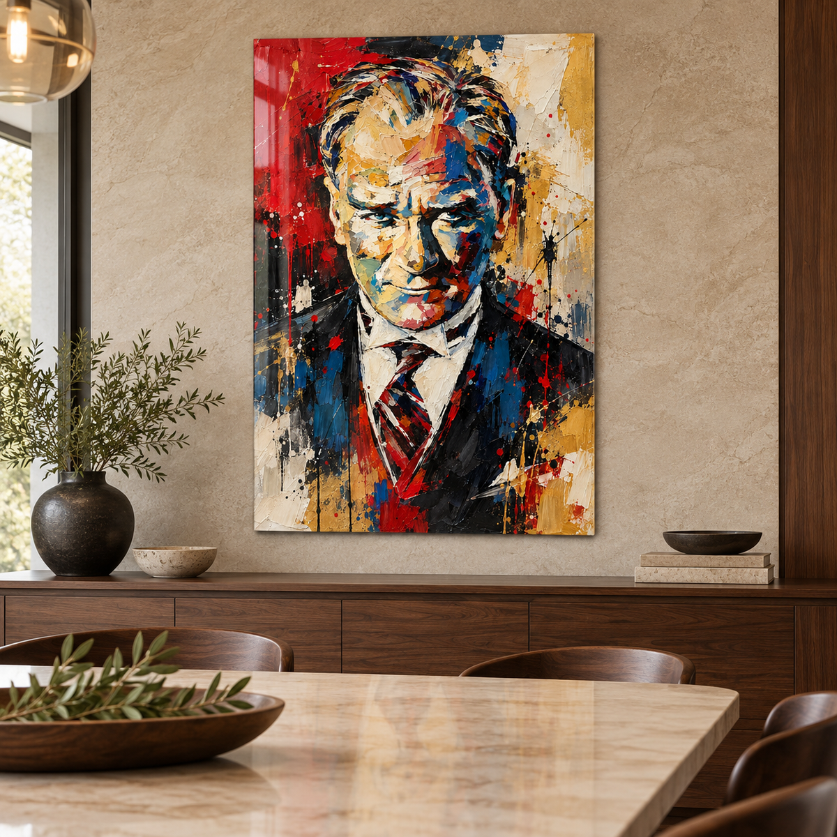 Kırmızı Lacivert Gold Soyut Erkek Portresi Dikey Cam Tablo - Yemek odası